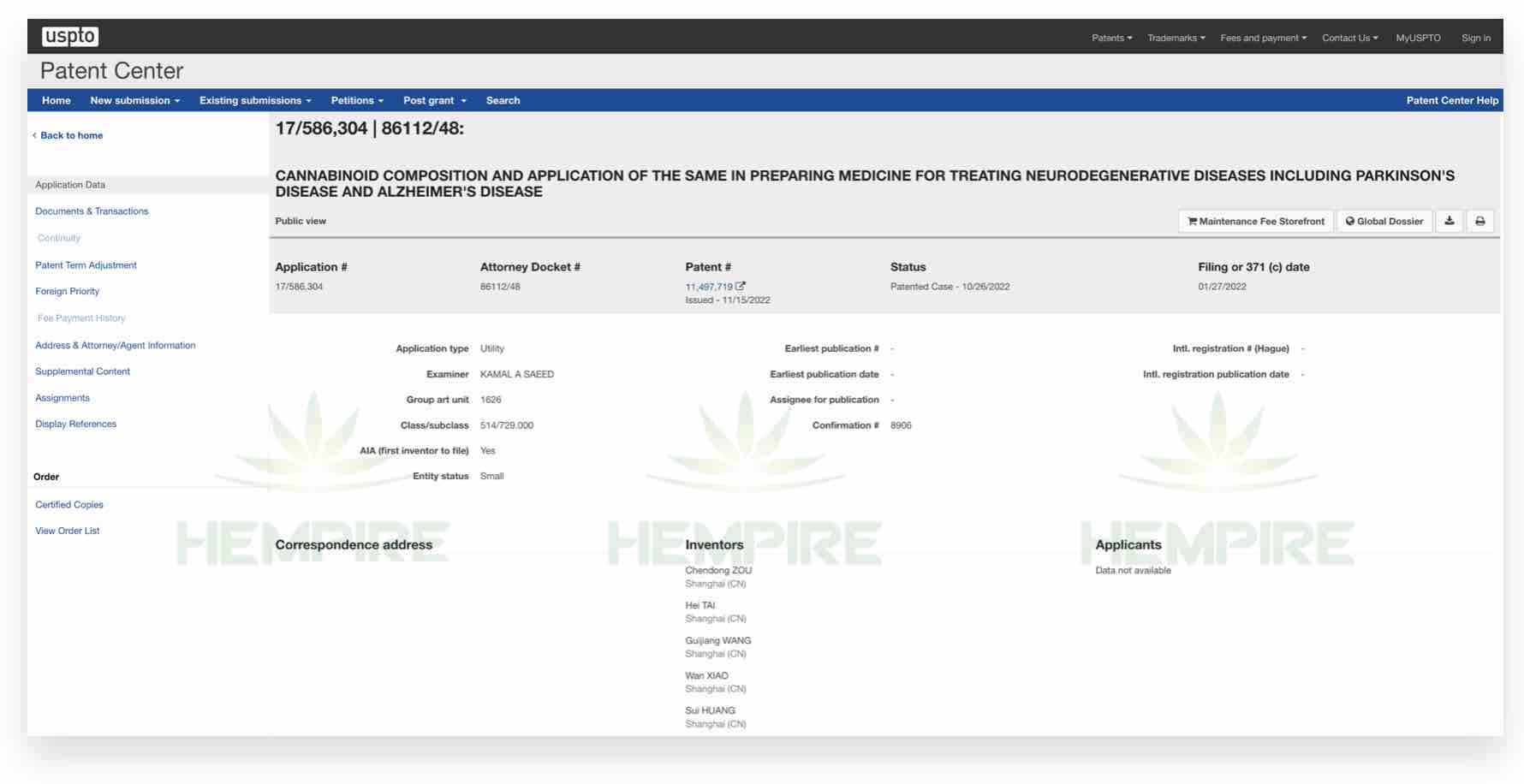 Hempire Technology Group has been granted a patent for cannabinoid composition and its application in the preparation of medicine for the treatment of neurodegenerative diseases 